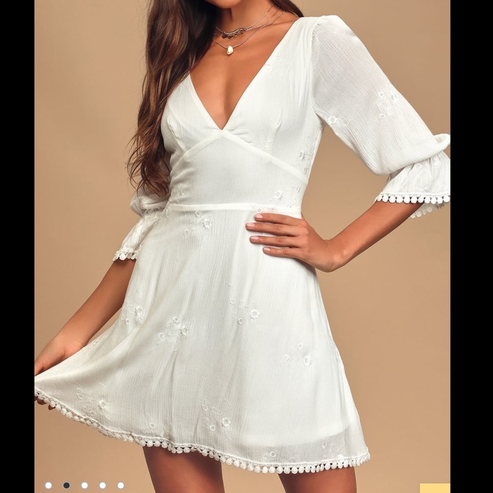 Lulu's White Embroidered V-Neck Mini Dress